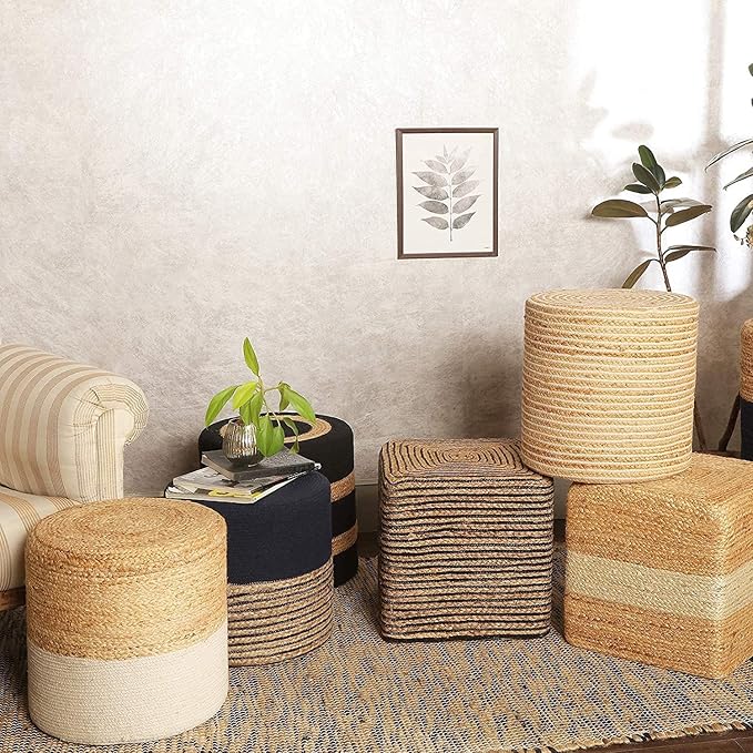 REDEARTH · Cube Pouf Foot Stool Ottoman - Jute Braided Pouffe Poof Accent Sitting Footrest for The Living Room, Bedroom, Nursery, Lounge 50% Jute 50% Cotton Set of 2 (14.5”x14.5”x16”; Natural Black)-Ruum Studio Home