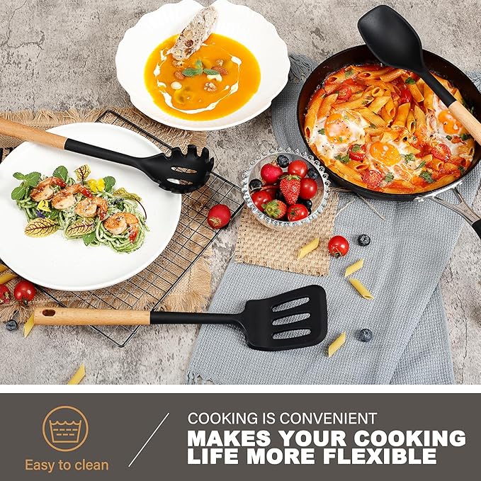 QMVESS Silicone Cooking Utensils Set, Kitchen Utensils Set 7 Pcs with Long Wooden Handle, Food Grade and Heat Resistant Large Silicone Spatula Set for Nonstick Cookware, BPA Free（Black）-Ruum Studio Home