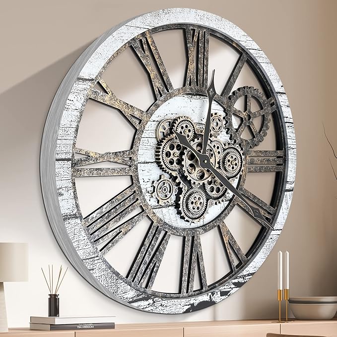 HOIBAI Large Wall Clock Clocks for Living Room Decor Oversized 30 Inch Wall Decor Farmhouse Vintage Rustic Industrial Roman Big Chic Home Decor Wall Clock for House Bedroom, Moving Gears Clock-Ruum Studio Home