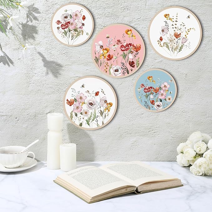 Qunclay 5 Pcs Wall Art Decor Wooden Living Room Wall Decor Bohemian Hanging Farmhouse Geometric 10'' and 8'' Aesthetic Wood Minimalist Posters for Bedroom(Wild Flower)-Ruum Studio Home