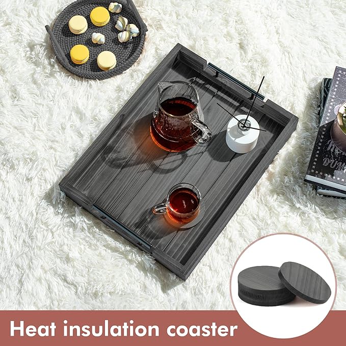 Dark Grey Coffee Table Decorative Serving Tray with Handles & 4 Coasters - 17x13 Inch Wood Tray for Ottoman, Breakfast, Wooden Tray-Ruum Studio Home
