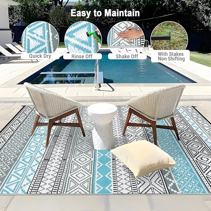 GAOMON Outdoor Rug Waterproof 8'x10', Reversible Outdoor Plastic Straw Rug, Boho Patio Rug, Indoor Outdoor Carpet, RV Mat Outside for Patio, Camp, Picnic, Balcony, Deck, Blue/Grey(Bohemia)-Ruum Studio Home