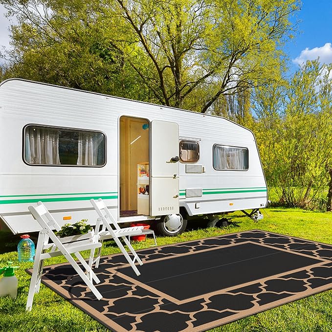 GENIMO 10 ' x 14 ' Outdoor Rug Waterproof for Patio Decor, Foldable Reversible Plastic Straw Area Rugs Mat for Camper, Outside Carpet for Rv, Deck, Porch, Picnic, Beach, Balcony, Black & Brown-Ruum Studio Home