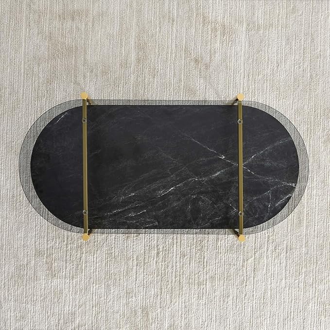 Oval Glass Coffee Table, Mid-Century Modern Design, L41 x W21 x H17 inch, for Living Room, Grey Glass Top, Black Marble Finish Wood Shelf & Gold Finish Frame-Ruum Studio Home