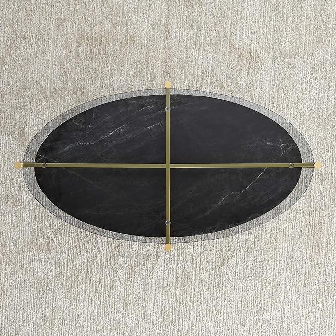 Oval Glass Coffee Table, Mid-Century Modern Design, L43 x W22 x H17 inch, Surfboard Shaped Grey Glass Top and Black Marble Finish Wood Shelf, Tapered Legs with Gold Finish Frame-Ruum Studio Home