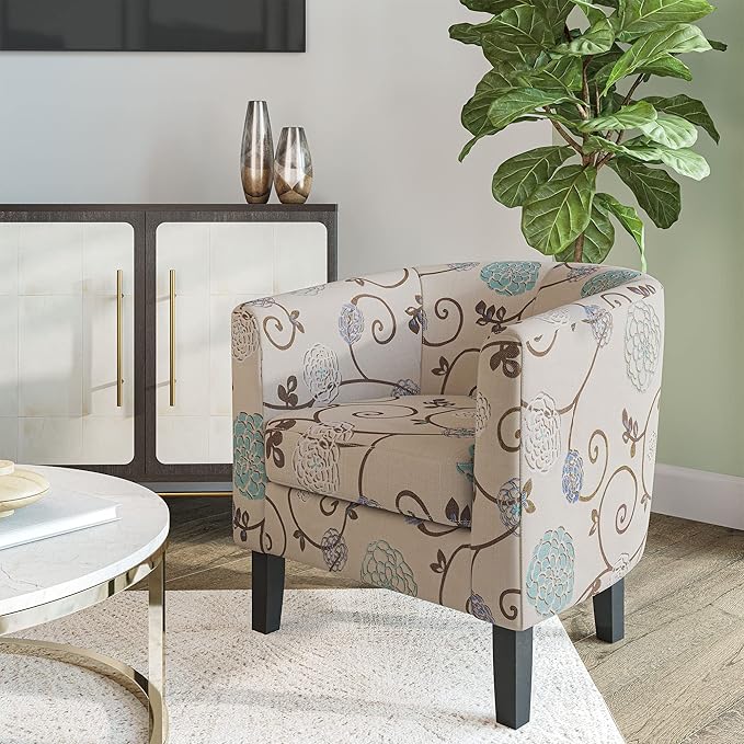 BELLEZE Living Room Chairs Set of 2, Linen Round Accent Barrel Chairs, Club Tub Sofa Chairs for Bedroom, Corner Chairs with Flared Legs and Cozy Soft Padding - Highland (Floral Print)-Ruum Studio Home