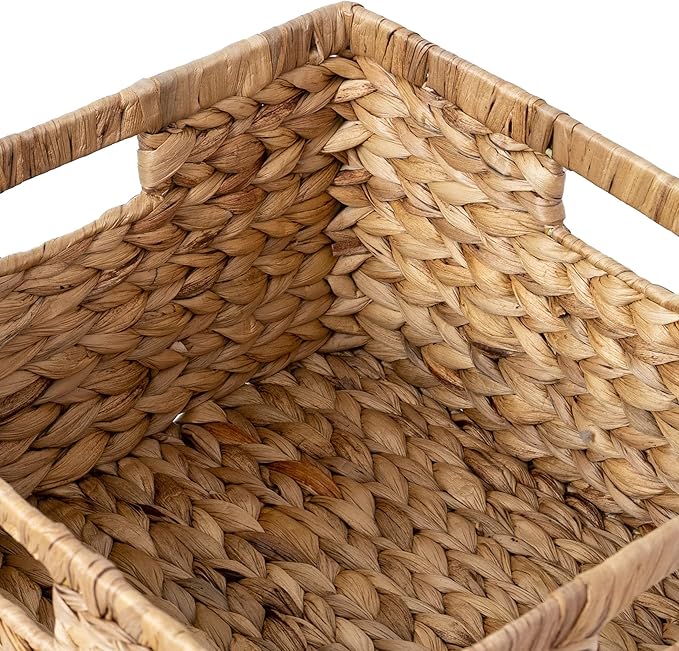 Large 14.5” x 13.5” x 8” (Set of 3) Natural Water Hyacinth Woven Storage Baskets, Rectangular Wicker Basket with Built-in Handles, Large (Natural)-Ruum Studio Home