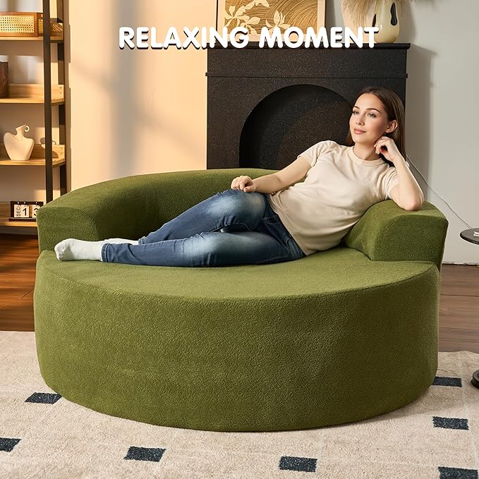 ovios 58" Oversized Round Chair Lounge Chaise Indoor, No Assembly Required, Cloud Large Circle Chair with Plush Fuax Fur, Fluffy Modern Sleeper Sofa Bed for Reading Yoga, Green (Cloud Velvet)-Ruum Studio Home