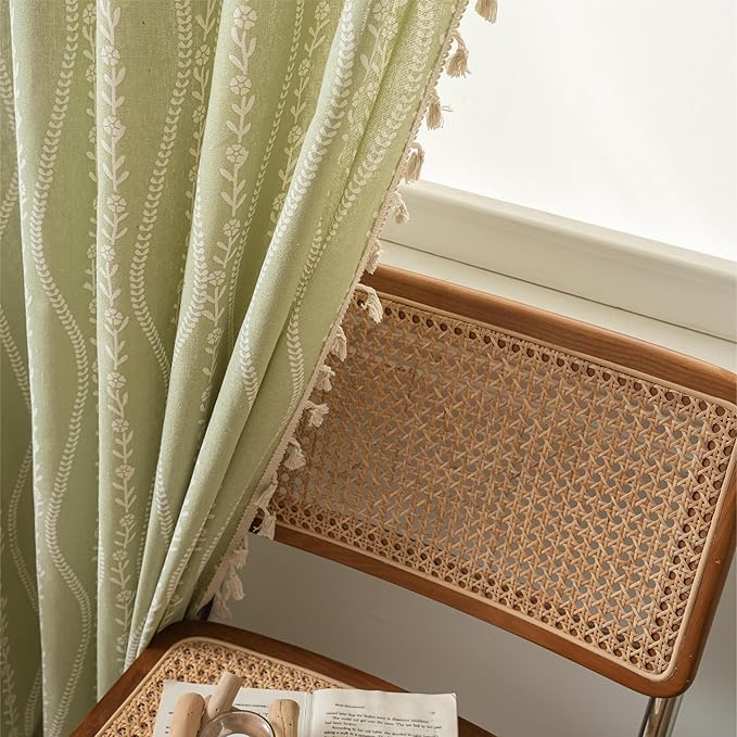 Sutuo Home Green Boho Curtains 84 Inches Long for Bedroom Living Room Dining Room, Bohemian Stripe Floral Vintage Tassels Window Treatment Drape for Easter Decor Rod Pocket, 1 Panel 59" W x 84" L-Ruum Studio Home
