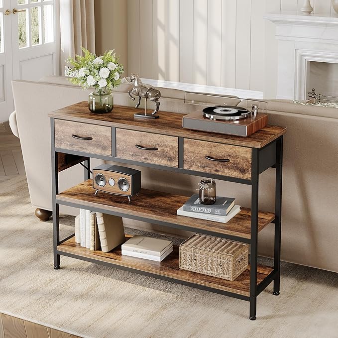 Lulive Entryway Table with Power Outlets, Console Table with 3 Fabric Drawers, Sofa Table for Living Room, Hallway, Couch, Foyer, Height Adjustable (Rustic Brown, 43")-Ruum Studio Home