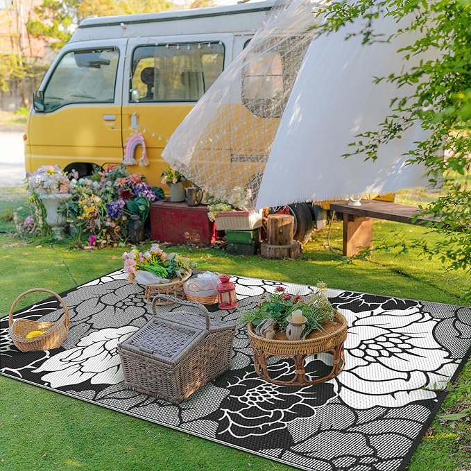GENIMO Outdoor Rug Waterproof for Patio Decor, 9' x 12' Reversible Plastic Straw Floral Camping Carpet, Large Area Rugs Mats for RV, Camper, Deck, Balcony, Porch, Beach, Picnic, Mix-Black & White-Ruum Studio Home