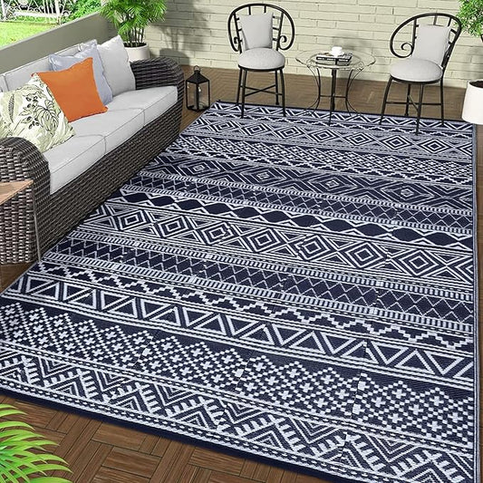 GAOMON Outdoor Rug Waterproof 8'x10', Reversible Outdoor Plastic Straw Rug, Boho Patio Rug, Indoor Outdoor Carpet, RV Mat Outside for Patio, Camp, Picnic, Balcony, Deck, Dark Blue/White(Bohemia)-Ruum Studio Home