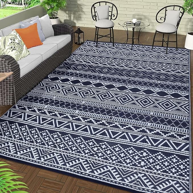GAOMON Outdoor Rugs Patio Camping Waterproof Rug 6'x9' Plastic Straw Patio Rug Portable for Campers, Outside RVs Mat for Patios Clearance, Backyard Porch, Balcony, Dark Blue/White(Bohemia)-Ruum Studio Home
