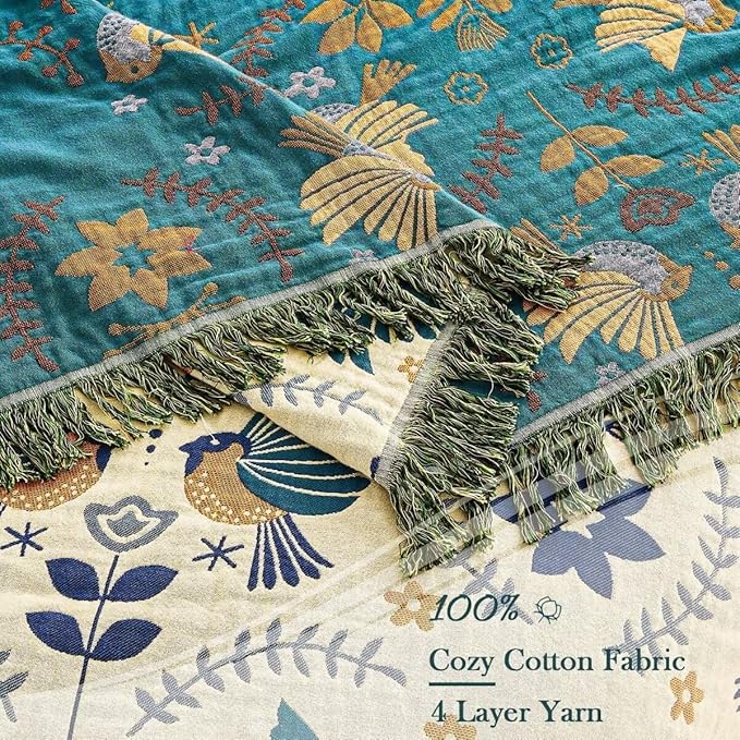 Boho Throw Blanket, 100% Cotton Ultra Soft Luxury Throw Rustic Quilt, 60"x80" Floral Printed Farmhouse Decor Bed Summer Blankets, All Season Rustic Reversible Bohemian Throw for Bed - Blue-Ruum Studio Home