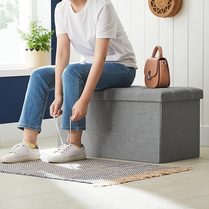 SONGMICS MAZIE Collection - 30 Inches Ottoman Storage Bench, 21 Gal. Folding Chest with Breathable Linen-Look Fabric, Load up to 660 lb, for Entryway, Living Room, Bedroom, Light Gray ULSF001G02-Ruum Studio Home