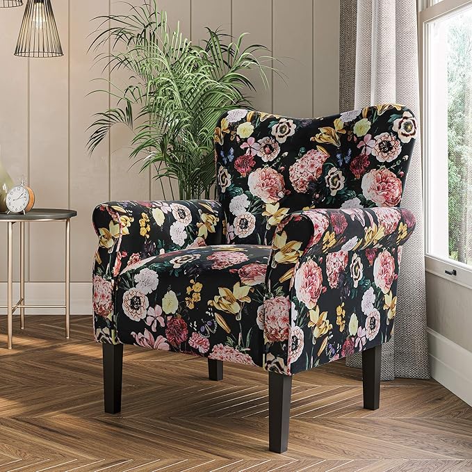 BELLEZE Modern Accent Chair for Living Room, High Back Linen Armchair with Wooden Legs, Upholstered Wingback Side Chair Padded Armrest Single Sofa for Living Room, Bedroom - Allston (Black & Flower)-Ruum Studio Home