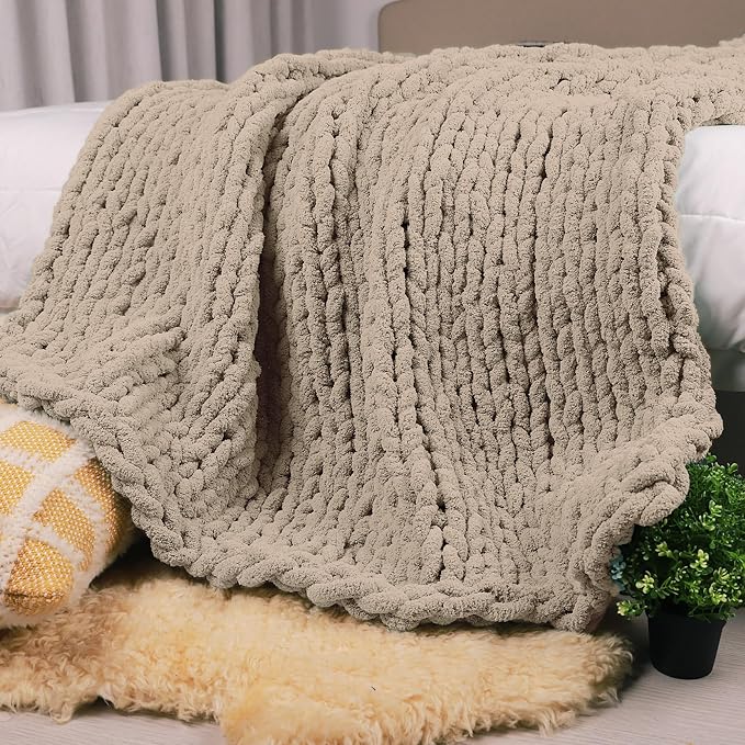 Carriediosa Chunky Knit Throw Blanket 50" X 60", 100% Hand Made Large Chenille Loop Yarn Soft Fluffy Throws for Couch Sofa Bed, Big Crochet Cozy Heavy Thick Cable Woven Blankets, Taupe-Ruum Studio Home