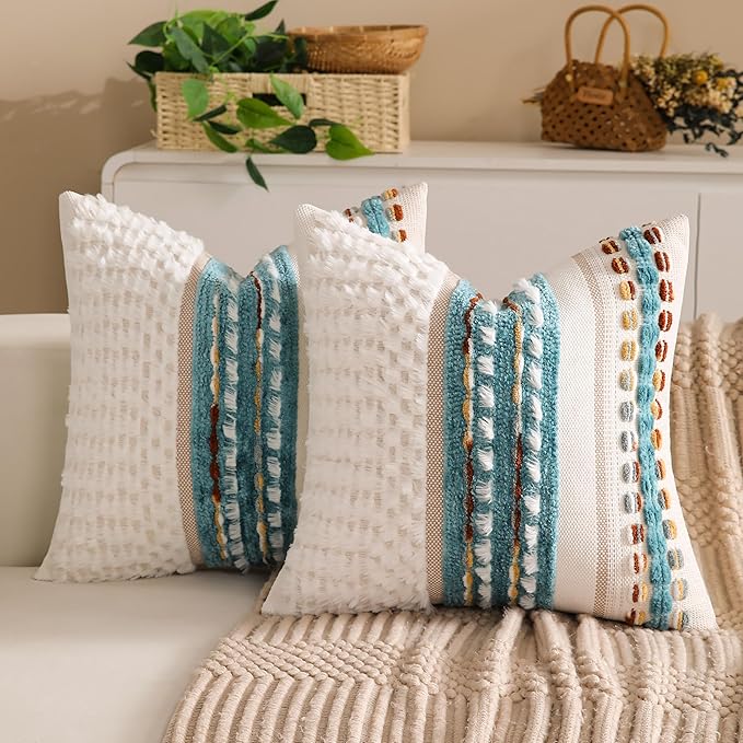 Boho Chenille Tufted Couch Throw Pillow Covers 18x18 Inch Set of 2 Farmhouse Striped Decorative Pillow Covers Accent Neutral Pillowcase Teal Cushion Cover for Living Room Sofa Bed-Ruum Studio Home