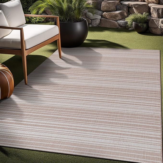Stripe Outdoor Rug 9x12 Washable Outside Carpet for Indoor Patio Porch Waterproof Easy Cleaning Non Shedding Area Rugs Beige 9 x 12-Ruum Studio Home