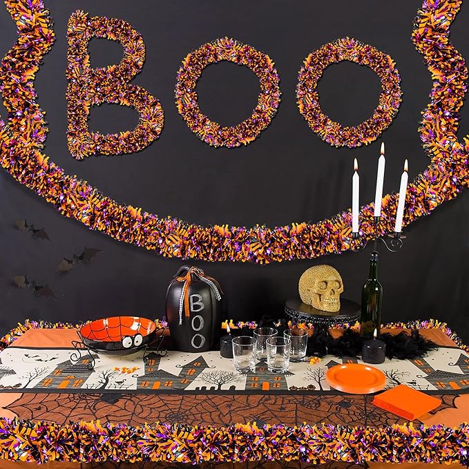 50FT Halloween Decorations Tinsel Garland, Orange Purple Black Shiny Metallic Tinsel Twist Hanging Streamers Garland for Halloween Birthday Home Tree Banister Indoor Outdoor Party Decor Supplies-Ruum Studio Home