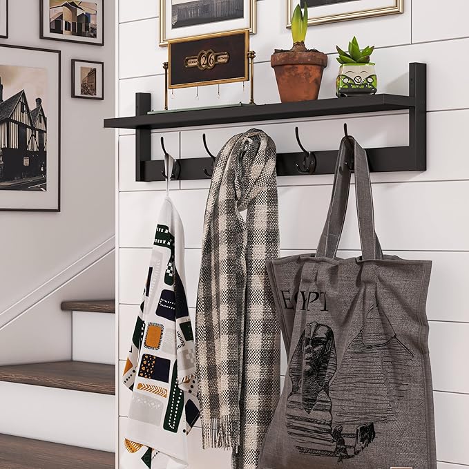 BAMEOS Wall-Mounted Shelf with Hooks - 28.9 Inch Entryway Hanging Shelf with 5 Dual Hooks for Bathroom, Living Room, Bedroom (Black)-Ruum Studio Home