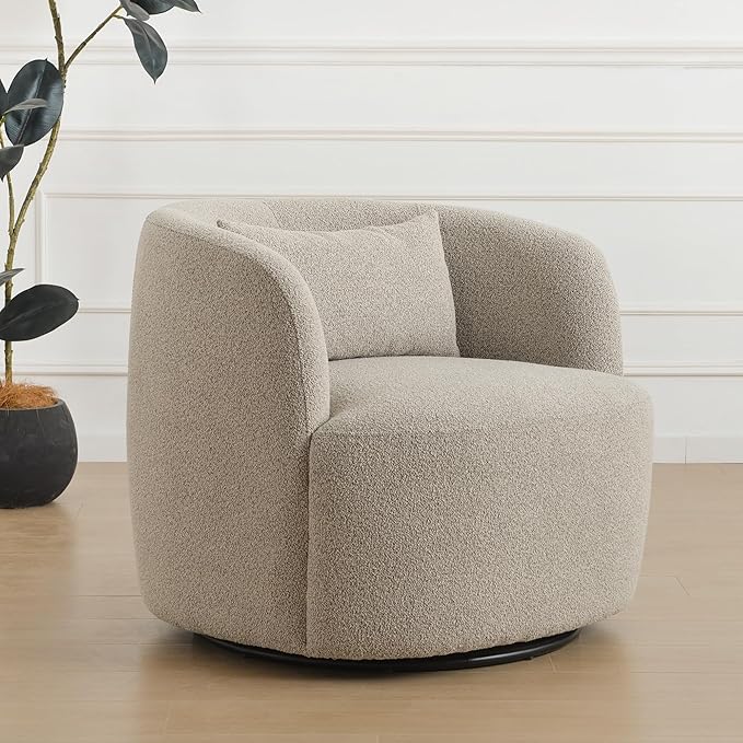 KINWELL 34" Wide Sherpa Swivel Barrel Chair, No Assembly Round Boucle Upholstered Accent Chair Armchair Single Sofa Chair with Toss Pillow for Living Room and Bedroom, Taupe-Ruum Studio Home