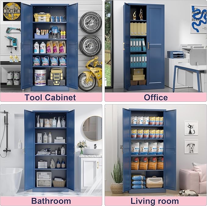 71" Storage Cabinet, Metal Pantry Cabinet, Kitchen Pantry Storage Cabinets with Doors and 4 Shelves, Cabinets for Laundry Room, Living Room, Dinning Room, Assembly Required, Blue-Ruum Studio Home