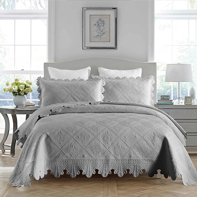 MarCielo 3-Piece 100% Cotton Oversized Bedspread Lightweight Quilt Coverlet Embroidery Farmhouse Bedding Set (Tk Light Grey, Oversized Queen (100"x106"))-Ruum Studio Home