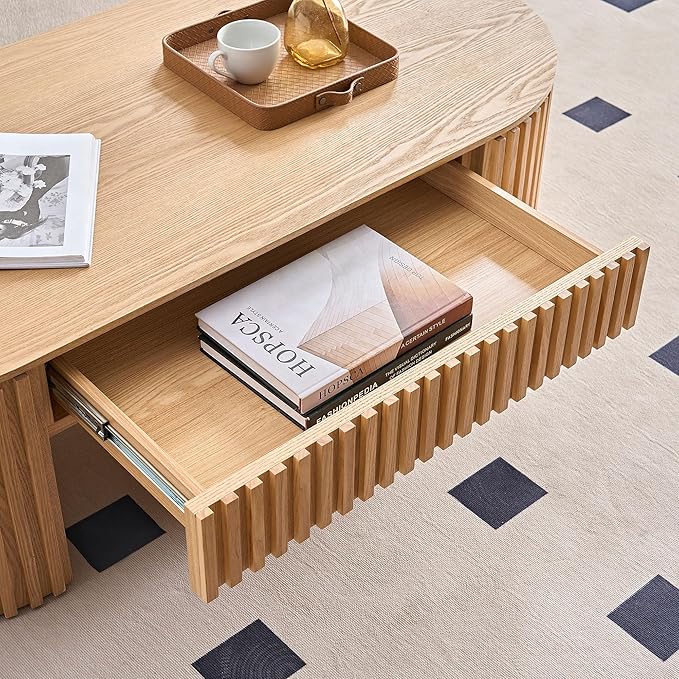 51.18'' Oval Coffee Table for Living Room Fluted Center Table with Drawer, Mid Century Modern Coffee Tables, Easy Assembly for Office Storage Tea Table Oak-Ruum Studio Home