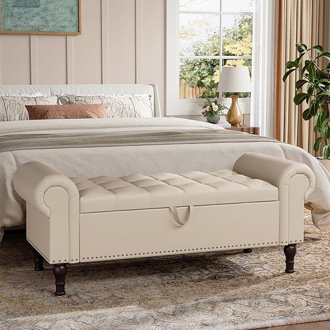 51" Storage Ottoman Bench for Bedroom, Full Queen Storage Bench with Button, Upholstered Bedroom Bench with Rolled Arms for Living Room, Storage Room, Entryway, Beige+Brown Legs-Ruum Studio Home