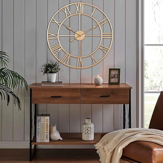 CLXEAST Champagne Gold Metal Wall Clock, Large Roman Numeral 24 Inch Wall Clocks for Living Room Decor,House Warming Gifts New Home-Ruum Studio Home