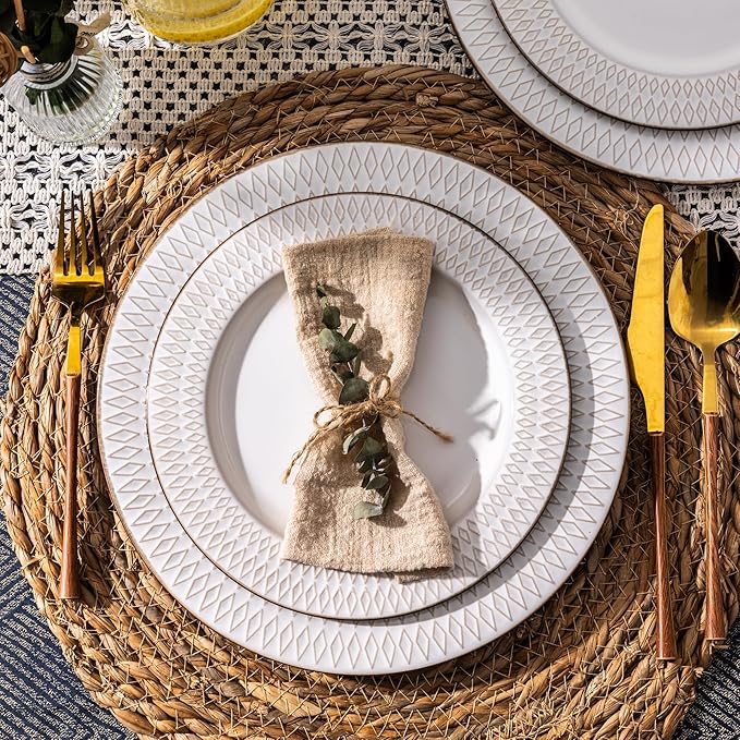 GBHOME Ceramic Dinnerware Sets, 24 pcs Embossed Elegant Stoneware Plates and Bowls Sets, Housewarming Wedding Gift | Dishwasher & Microwave Safe | Dishes Set Service for 8-Ruum Studio Home