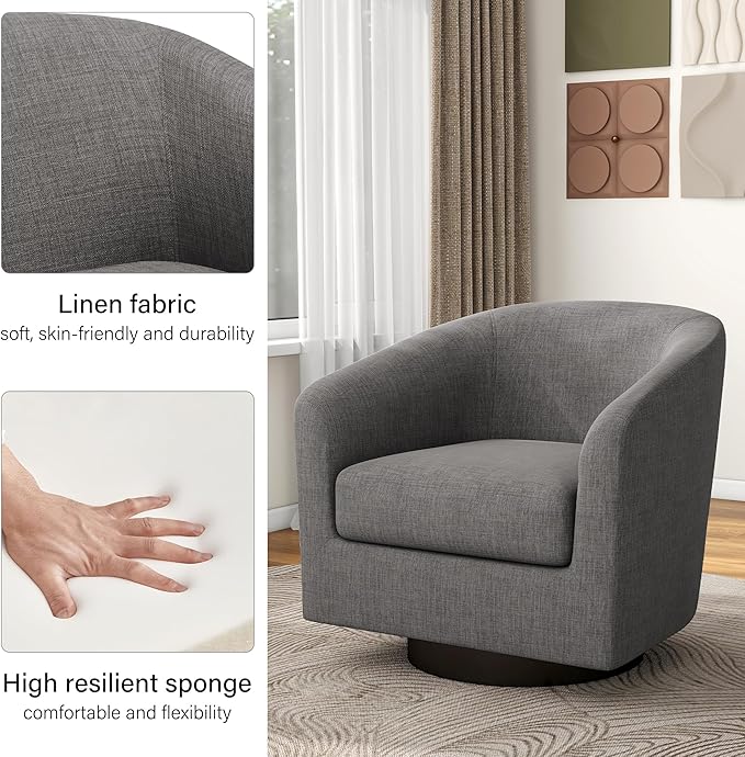 Swivel Barrel Accent Chair, Modern Round Linen Arm Chair for Living Room, Bedroom, Comfy Club Reading Chairs for Adults（Linen Fabric, Grey, Set of 1-Ruum Studio Home