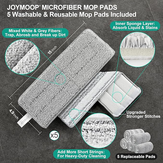 JOYMOOP Mop and Bucket with Wringer Set, Flat Squeeze Mop with Bucket (X-Large), Dust Mop for Wall Cleaner with Long Handle, Microfiber Mop - White Bucket with 5 Reusable 15" Pads-Ruum Studio Home