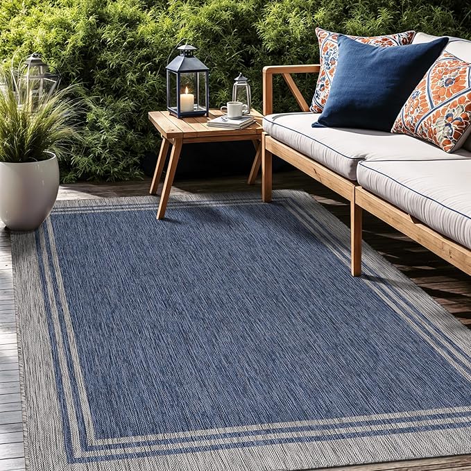Bordered Outdoor Rug 5x7 Washable Outside Carpet for Indoor Patio Porch Waterproof Easy Cleaning Non Shedding Area Rugs Navy 5 x 7-Ruum Studio Home