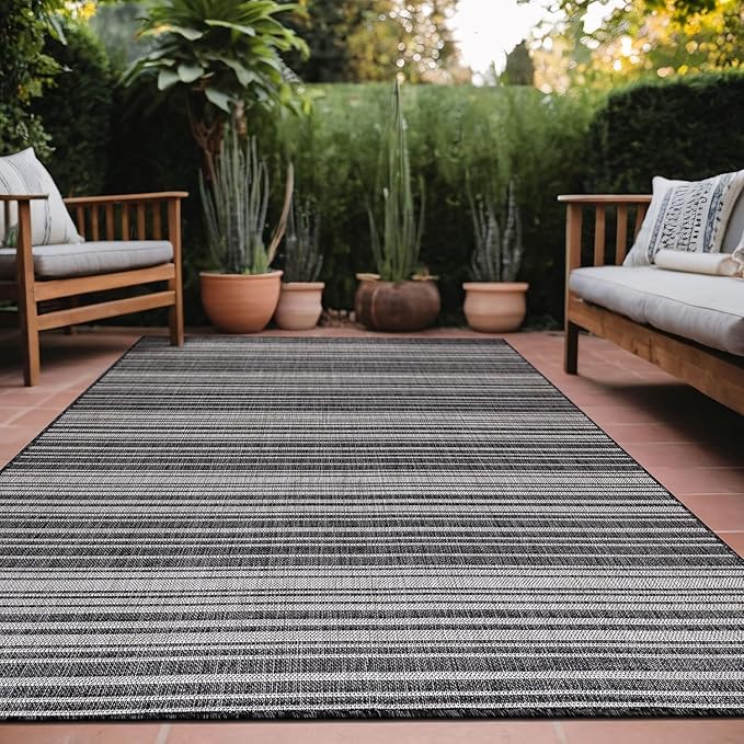 Stripe Outdoor Rug 9x12 Washable Outside Carpet for Indoor Patio Porch Waterproof Easy Cleaning Non Shedding Area Rugs Dark Gray 9 x 12-Ruum Studio Home