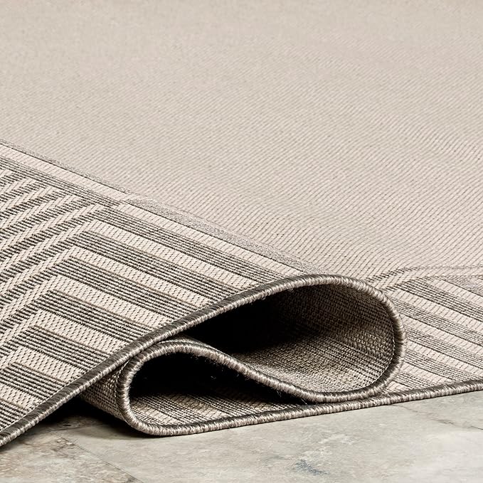 nuLOOM 2' x 8' Outdoor Area Rug, Casual Design with Striped Border, Stain Resistant, Highly Durable, for Patio, Balcony, Bedroom, Living Room, Dining Room, Bathroom, Light Grey-Ruum Studio Home