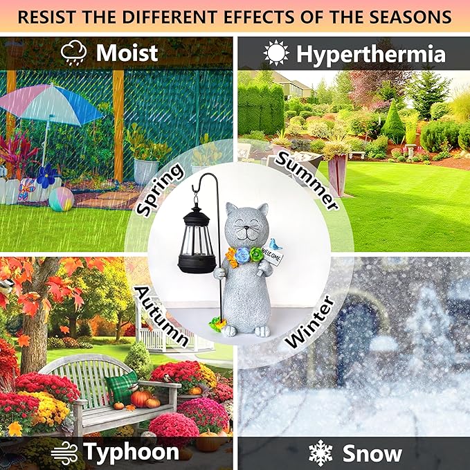 Solar Cat Garden Statues Outdoor Décor with Lantern- Cat Figurines Solar LED Light Lawn Ornaments - Yard Decorations for Patio, Balcony, Backyard -Unique House Warming Gifts for Mom-Ruum Studio Home