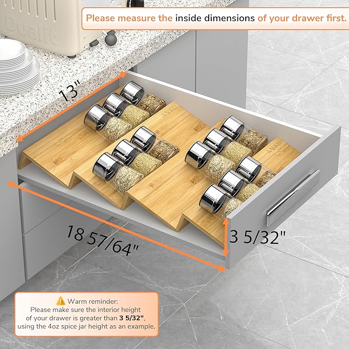 AMBIRD Bamboo Spice Drawer Organizer with Non-slip Mat, 4 Tier Jar Spice Rack Tray 13'',Seasoning Organizer for Kitchen,Cabinet,Drawers,Countertop-Ruum Studio Home