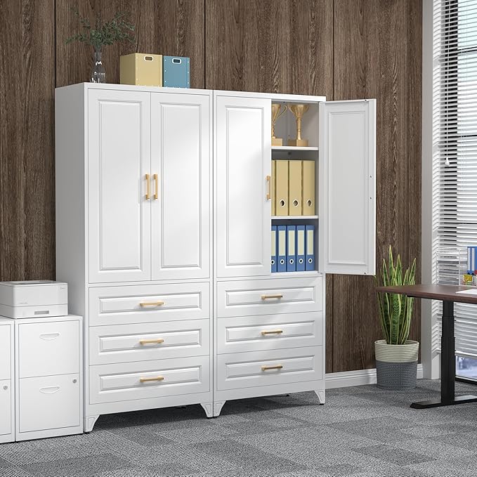 75" Kitchen Pantry Cabinet, Metal Storage Cabinets with Doors and Adjustable Shelves, White Tall Pantry Cabinet with 3 Drawers for Dinning Living Room-Ruum Studio Home