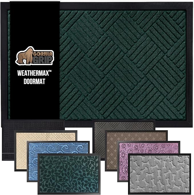 GORILLA GRIP 100% Waterproof All-Season WeatherMax Doormat US Designed Natural Rubber, Stain and Fade Resistant, Low Profile Indoor Outdoor Door Mats, Easy Clean Patio Mat, 23x35, Green Diamond-Ruum Studio Home