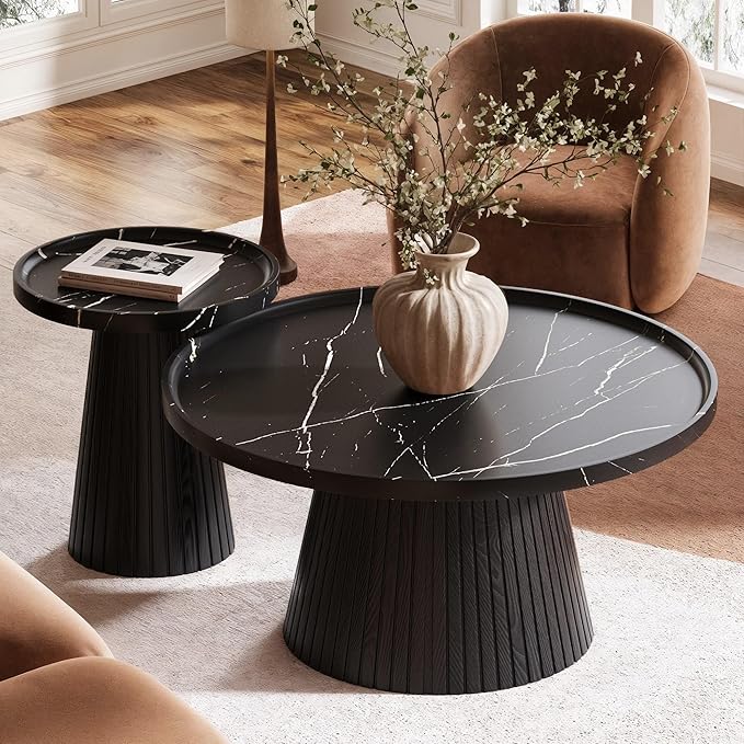 win2win Nesting Coffee Table Set of 2, Modern Coffee Table with Marble Veneer, Fluted Round Tea Table and End Table Set, Minimalist Center Tables for Living Room, Office, Black-Ruum Studio Home