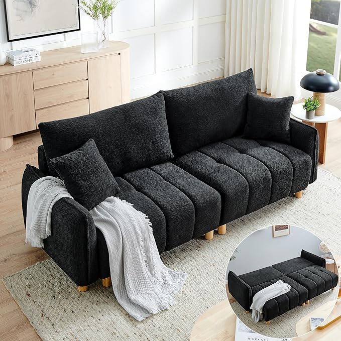 Convertible Sofa Bed, 90" Full Size Sleeper Sofa with Storage, Tufted Chenille 3 Seat Sofa Couches for Living Room, Small Spaces, Guest Room, Apartment, Black-Ruum Studio Home