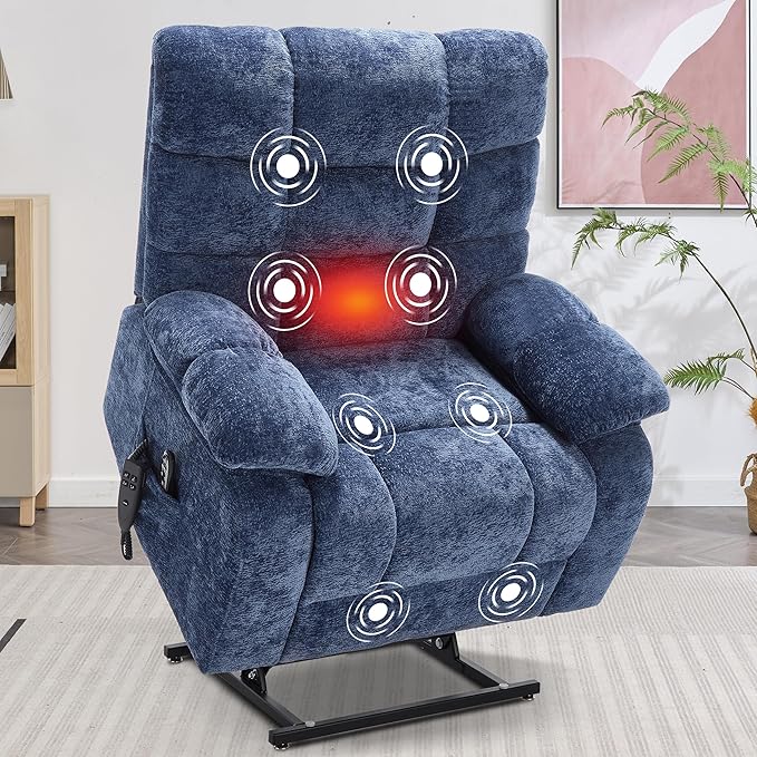 Lay Flat Recliner with Vibration Massage and Lumbar Heating, 26'' Wide Recliner Chair with Infinite Position and 2 Remote Controls, Soft Chenille Lift Recliner for Living Room, Blue-Ruum Studio Home