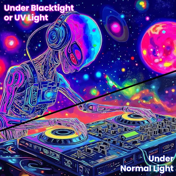 BVBOX Blacklight Space Alien Tapestry 79"x59", UV Reactive Glow in Dark DJ Alien Universe Galaxy Planet Music Tapestries, Black Light Neon Upright Poster Wall Hanging Backdrop Decor for Bedroom Living Room-Ruum Studio Home