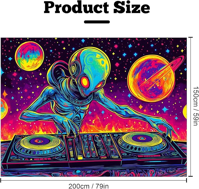 BVBOX Blacklight Space Alien Tapestry 79"x59", UV Reactive DJ Alien Universe Galaxy Planet Glow in Dark Music Tapestries, Black Light Neon Upright Poster Wall Hanging Backdrop Decor for Bedroom Living Room-Ruum Studio Home