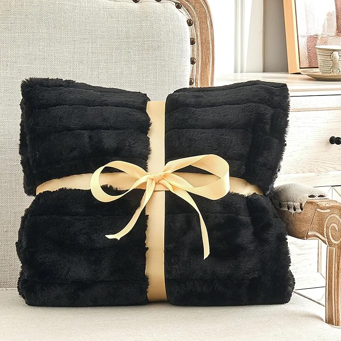 BEDELITE Faux Fur Throw Blanket for Couch, Soft and Cozy 3D Ribbed Fluffy Blanket, Thick Warm Plush Fuzzy Faux Rabbit Fur Blanket for Women Gift (Black, 50"x 60")-Ruum Studio Home