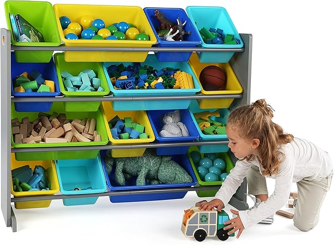 Humble Crew Supersized Toy Storage Organizer with 16 Removable Bins, Grey/Blue/Green/Yellow – Large Toy Storage for Toddlers Ideal for Kids' Rooms, Playrooms, and Nurseries - Modern Toy Bins for Kids-Ruum Studio Home