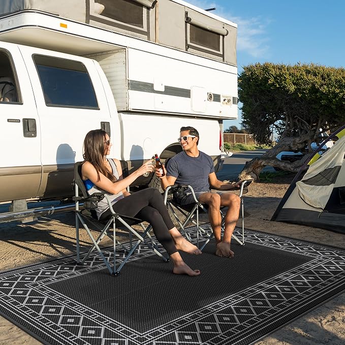 GENIMO Outdoor Rug Waterproof 6'x9' for Patio, Foldable Reversible Plastic Straw Carpet for Travel Trailers, Outside Area Mat for Rv, Deck, Picnic, Porch, Camper, Balcony, Beach, Black & Grey-Ruum Studio Home