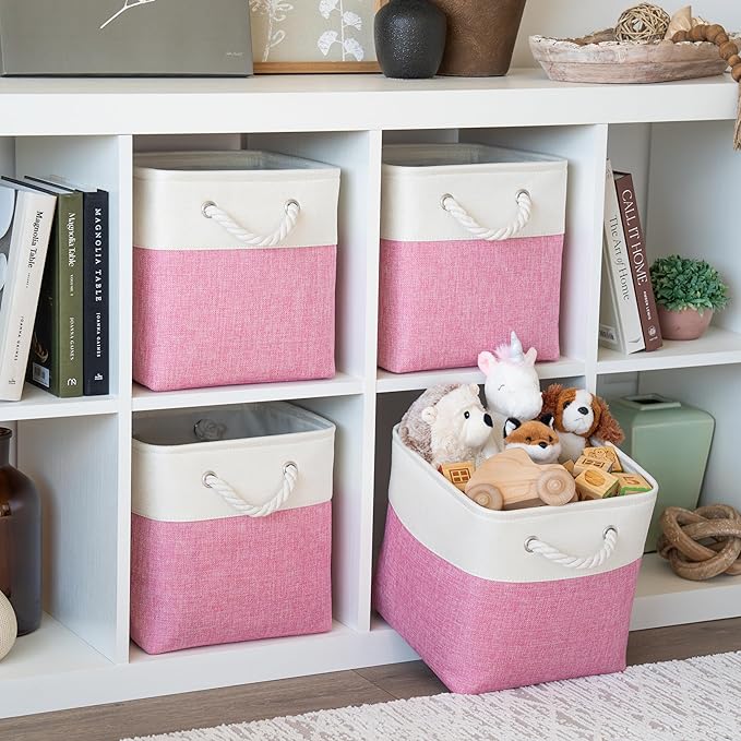 OrganiHaus 11x11 Cube Storage Bins 4 Pack, Foldable Cube Storage Organizer w/ Rope Handles, Collapsible Fabric Bins for Toys, Clothes & Closet Organization, Fabric Square Baskets - Pink/White-Ruum Studio Home